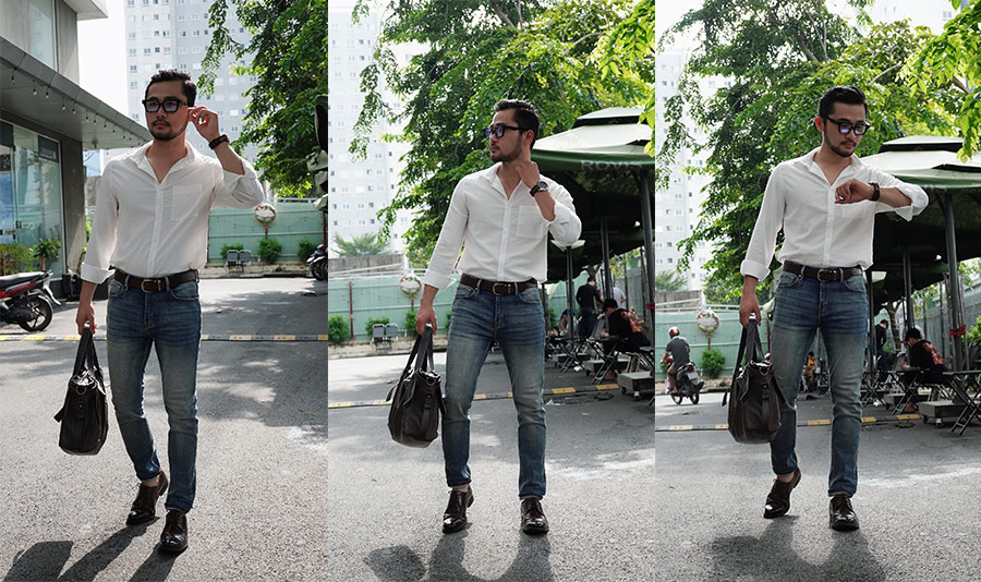 Áo sơ mi trắng + quần jeans cùng giày tây lịch lãm – Chuẩn “soái ca” bước ra từ các câu chuyện ngôn tình.